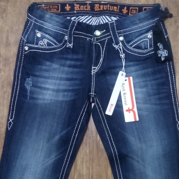 Rock Revival Women's 26 Dark Blue Jeans Bejeweled Distressed NWT - Picture 4 of 12